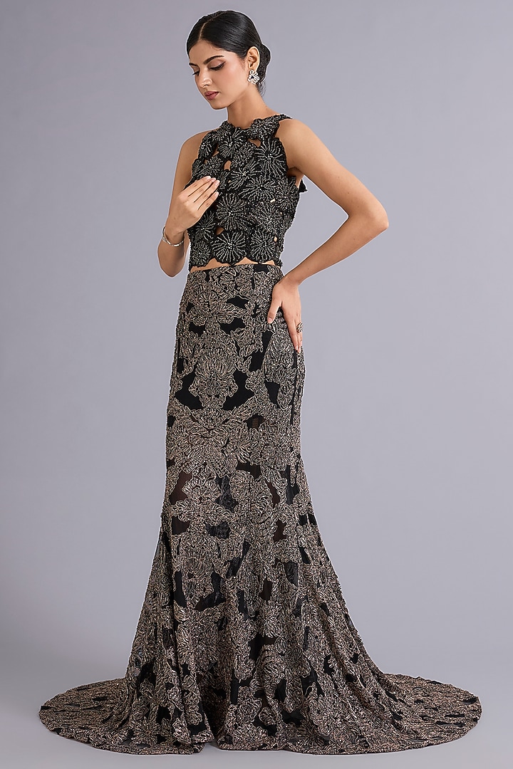 Black & Gold Tulle Sequins Embroidered Mermaid Bridal lehenga for 22 Lehenga Set by Rohit Gandhi & Rahul Khanna at Pernia's Pop Up Shop