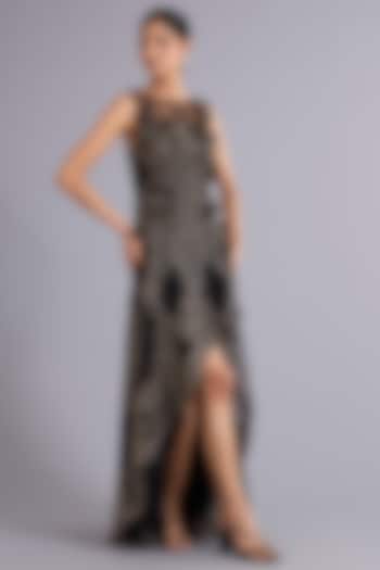 Black & Gold Tulle Floral Embroidered High-Low Wedding Gown by Rohit Gandhi & Rahul Khanna at Pernia's Pop Up Shop