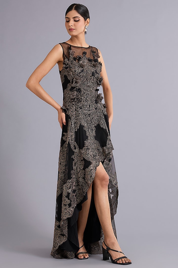 Black & Gold Tulle Floral Embroidered High-Low Wedding Gown by Rohit Gandhi & Rahul Khanna at Pernia's Pop Up Shop
