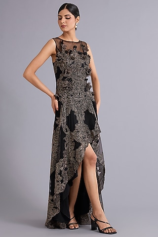 Black & Gold Tulle Floral Embroidered High-Low Gown by Rohit Gandhi & Rahul Khanna
