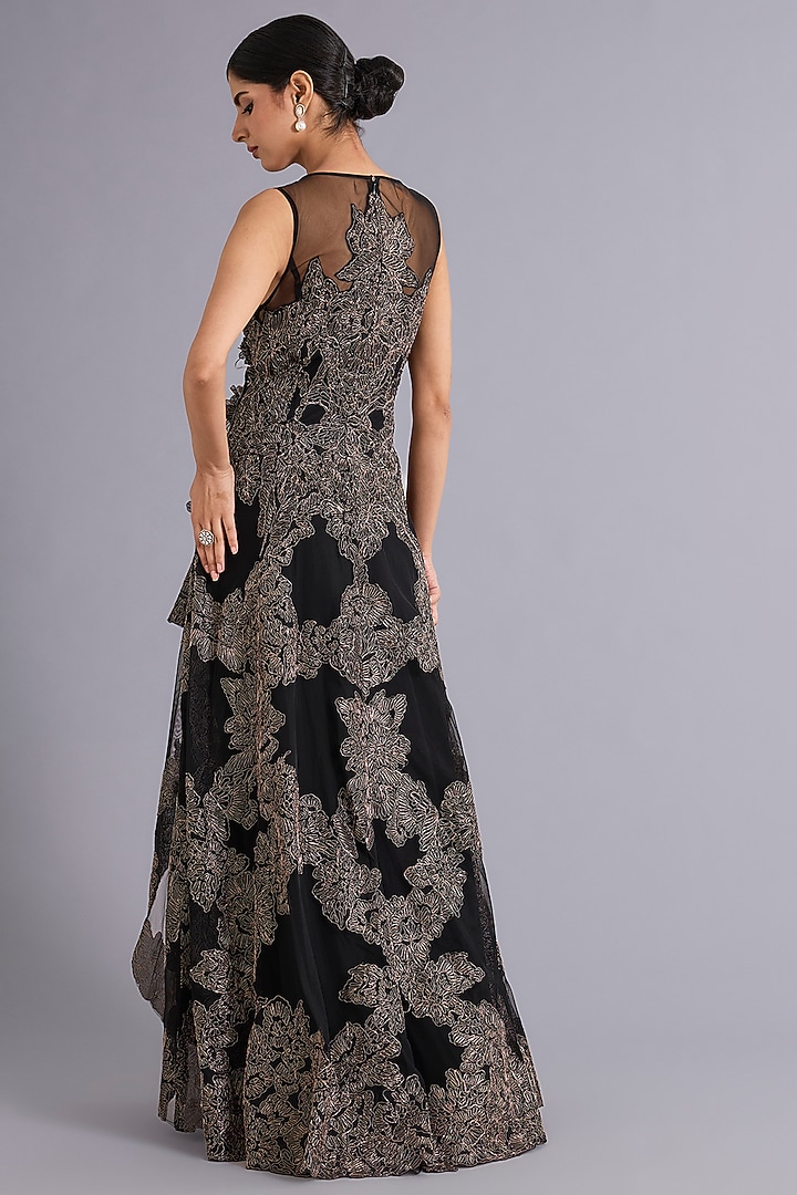 Black & Gold Tulle Floral Embroidered High-Low Wedding Gown by Rohit Gandhi & Rahul Khanna at Pernia's Pop Up Shop