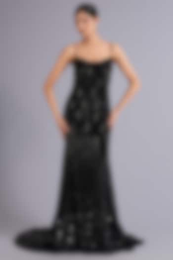 Black Tulle Sequins Embroidered Spaghetti Bridal Gown by Rohit Gandhi & Rahul Khanna at Pernia's Pop Up Shop