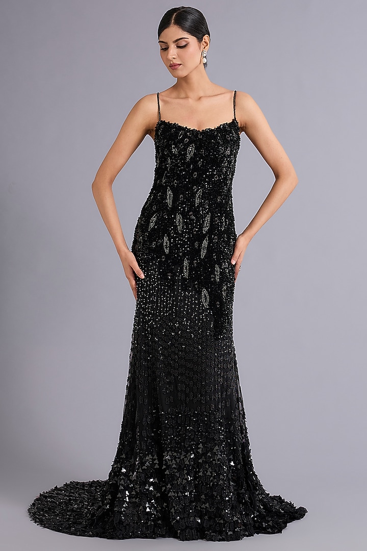 Black Tulle Sequins Embroidered Spaghetti Bridal Gown by Rohit Gandhi & Rahul Khanna at Pernia's Pop Up Shop