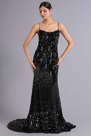Black Tulle Sequins Embroidered Spaghetti Gown by Rohit Gandhi & Rahul Khanna