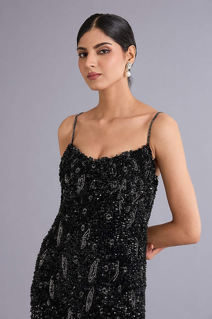 Black Tulle Sequins Embroidered Spaghetti Bridal Gown by Rohit Gandhi & Rahul Khanna at Pernia's Pop Up Shop