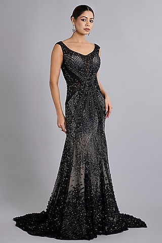 Black Tulle Bead Work Gown by Rohit Gandhi & Rahul Khanna