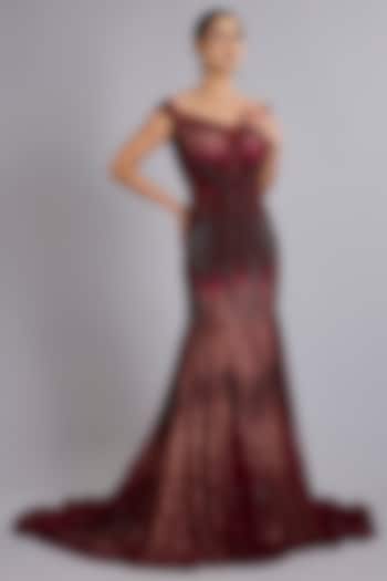 Maroon Tulle Bead Work Bridal Gown by Rohit Gandhi & Rahul Khanna at Pernia's Pop Up Shop
