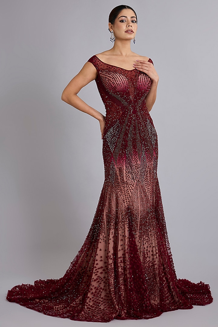 Maroon Tulle Bead Work Bridal Gown by Rohit Gandhi & Rahul Khanna at Pernia's Pop Up Shop