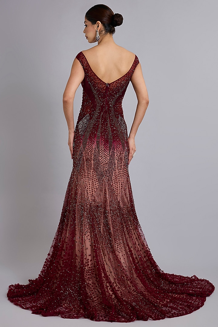 Maroon Tulle Bead Work Bridal Gown by Rohit Gandhi & Rahul Khanna at Pernia's Pop Up Shop