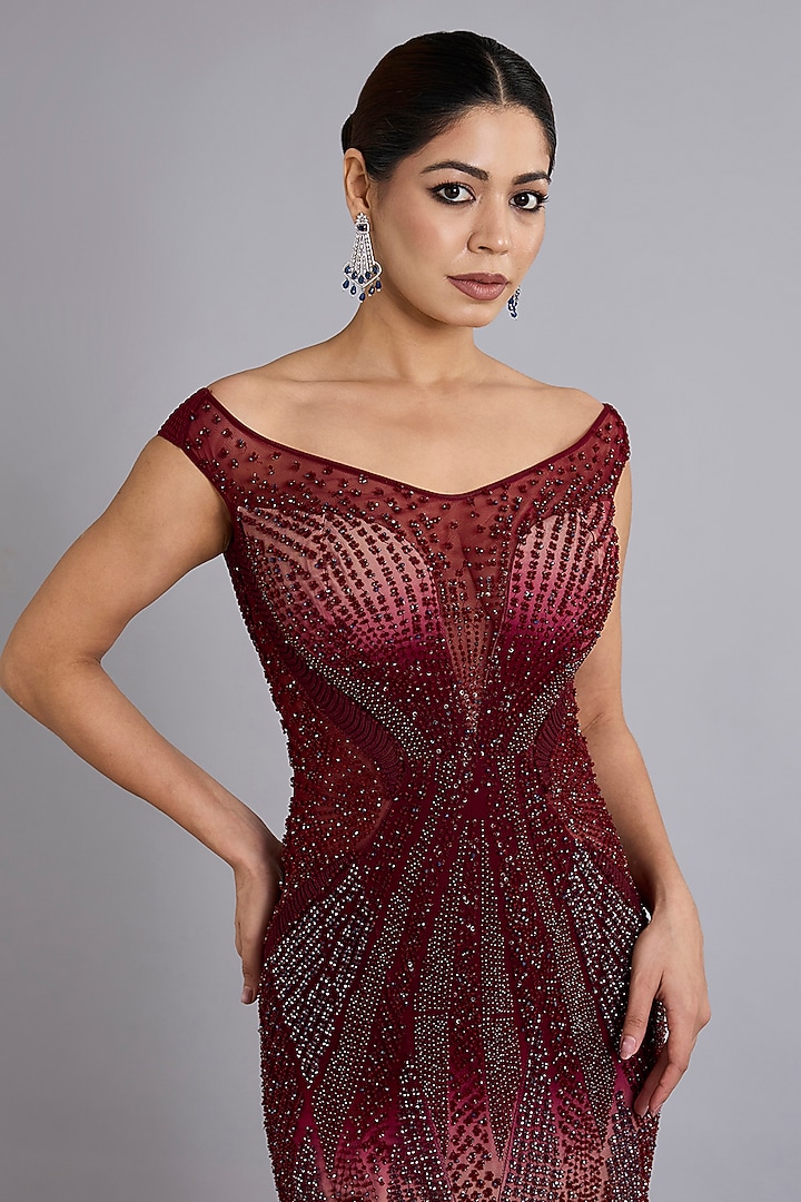 Maroon Tulle Bead Work Bridal Gown by Rohit Gandhi & Rahul Khanna at Pernia's Pop Up Shop