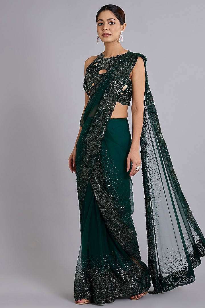 Emerald Green Tulle Fishtail Bridal Lehenga Saree Set by Rohit Gandhi & Rahul Khanna at Pernia's Pop Up Shop