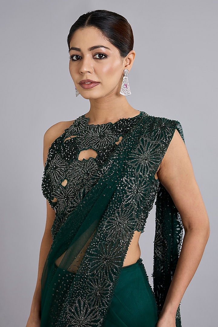 Emerald Green Tulle Fishtail Bridal Lehenga Saree Set by Rohit Gandhi & Rahul Khanna at Pernia's Pop Up Shop