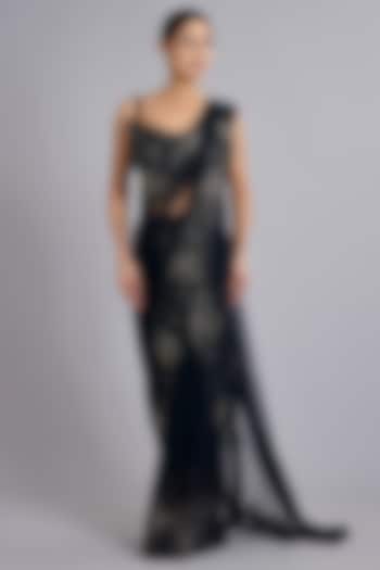 Navy Blue Tulle Fishtail Bridal Lehenga Saree Set by Rohit Gandhi & Rahul Khanna at Pernia's Pop Up Shop