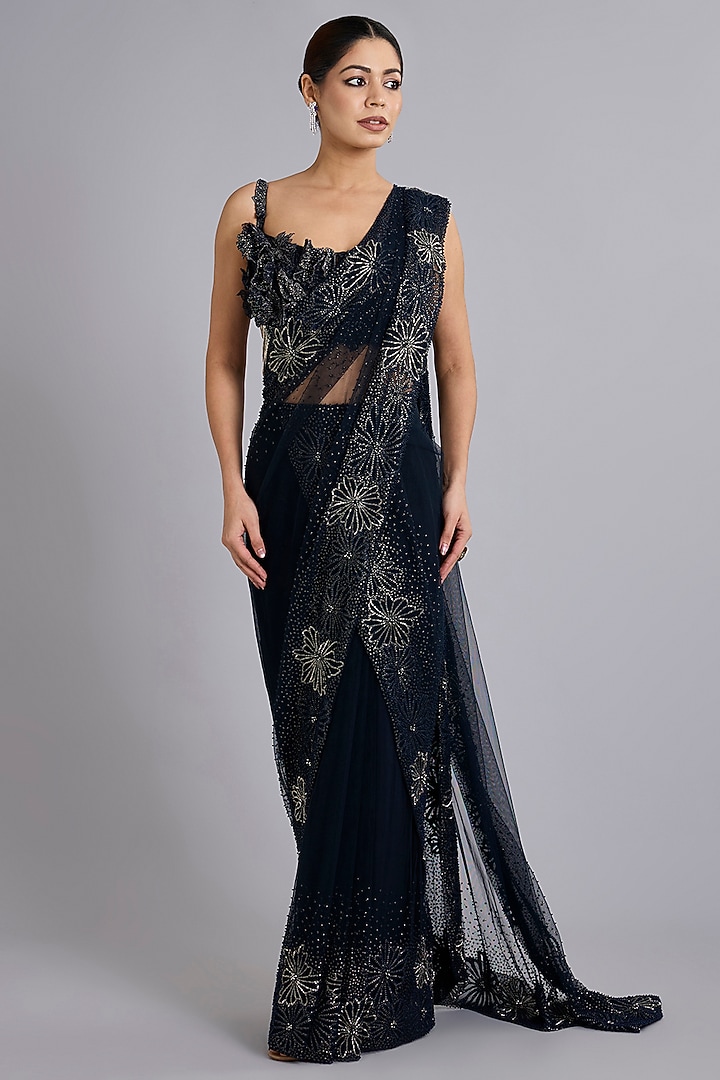 Navy Blue Tulle Fishtail Bridal Lehenga Saree Set by Rohit Gandhi & Rahul Khanna at Pernia's Pop Up Shop