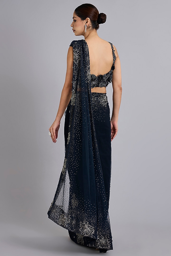 Navy Blue Tulle Fishtail Bridal Lehenga Saree Set by Rohit Gandhi & Rahul Khanna at Pernia's Pop Up Shop