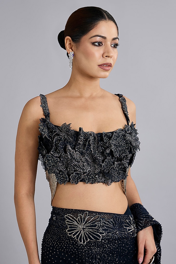 Navy Blue Tulle Fishtail Bridal Lehenga Saree Set by Rohit Gandhi & Rahul Khanna at Pernia's Pop Up Shop