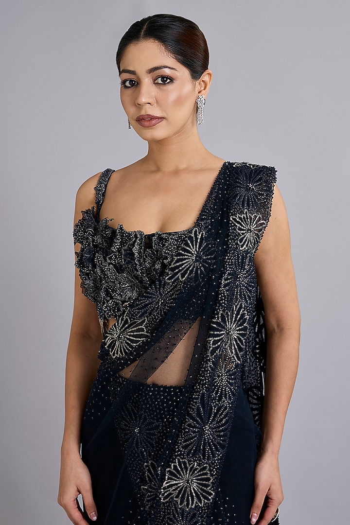Navy Blue Tulle Fishtail Bridal Lehenga Saree Set by Rohit Gandhi & Rahul Khanna at Pernia's Pop Up Shop