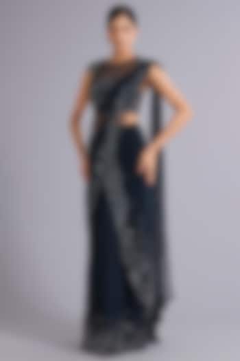 Navy Blue Tulle Sequins Embellished Draped Bridal Gown Saree Set by Rohit Gandhi & Rahul Khanna at Pernia's Pop Up Shop
