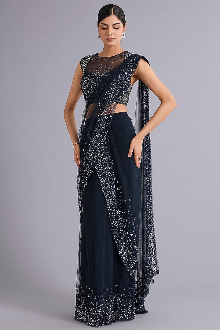 Navy Blue Tulle Sequins Embellished Draped Bridal Gown Saree Set by Rohit Gandhi & Rahul Khanna at Pernia's Pop Up Shop