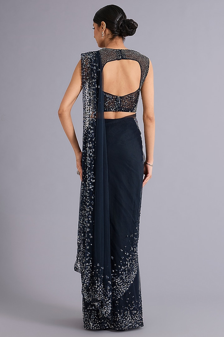 Navy Blue Tulle Sequins Embellished Draped Bridal Gown Saree Set by Rohit Gandhi & Rahul Khanna at Pernia's Pop Up Shop