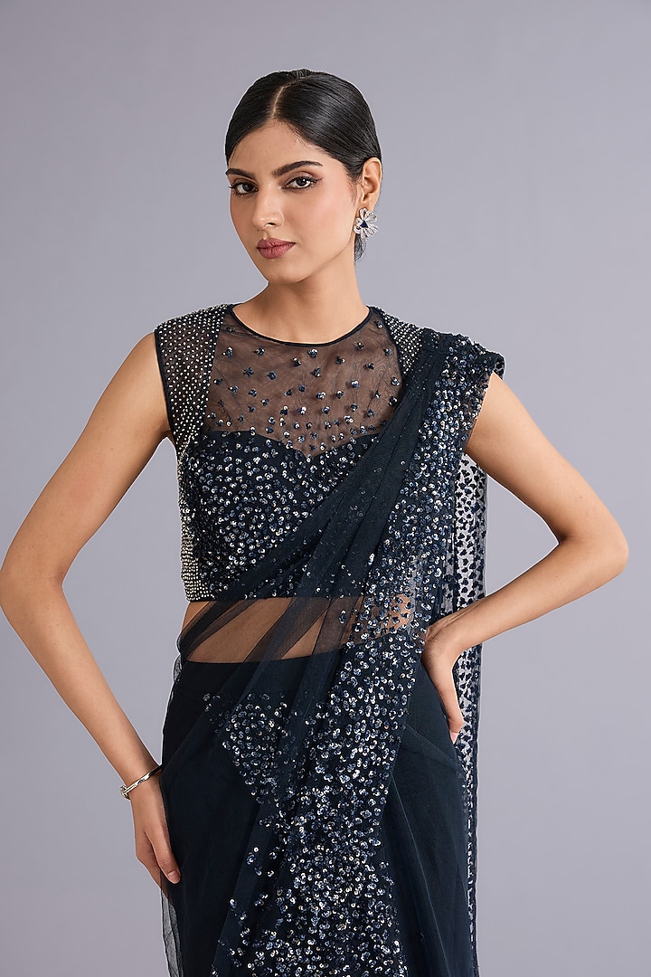 Navy Blue Tulle Sequins Embellished Draped Bridal Gown Saree Set by Rohit Gandhi & Rahul Khanna at Pernia's Pop Up Shop
