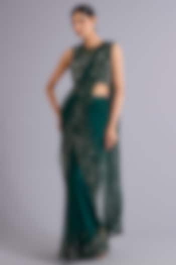 Emerald Green Tulle Sequins Embellished Draped Bridal Gown Saree Set by Rohit Gandhi & Rahul Khanna at Pernia's Pop Up Shop