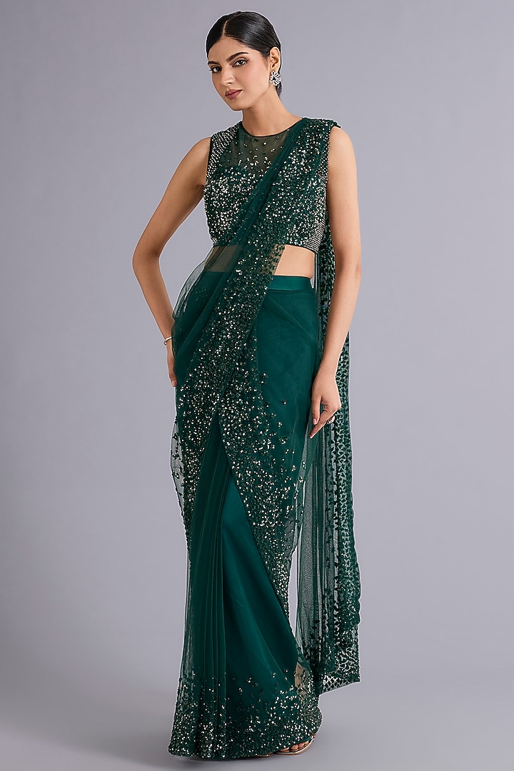 Emerald Green Tulle Sequins Embellished Draped Bridal Gown Saree Set by Rohit Gandhi & Rahul Khanna at Pernia's Pop Up Shop