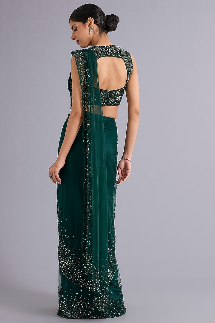 Emerald Green Tulle Sequins Embellished Draped Bridal Gown Saree Set by Rohit Gandhi & Rahul Khanna at Pernia's Pop Up Shop