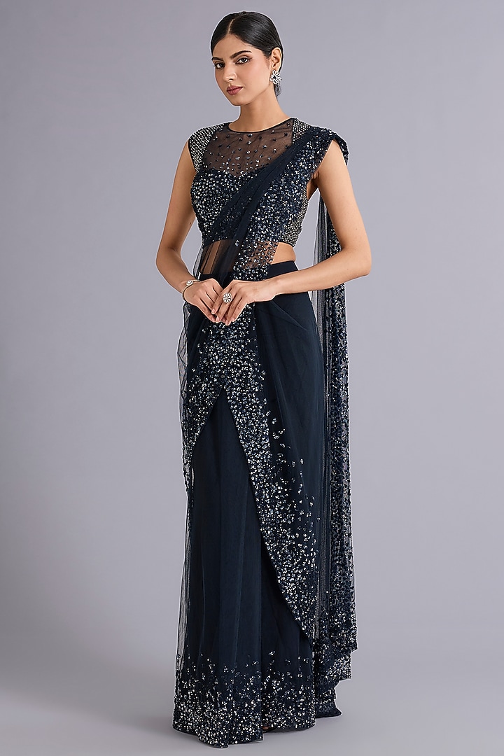 Midnight Blue Tulle Sequins Embellished Draped Bridal Gown Saree Set by Rohit Gandhi & Rahul Khanna at Pernia's Pop Up Shop