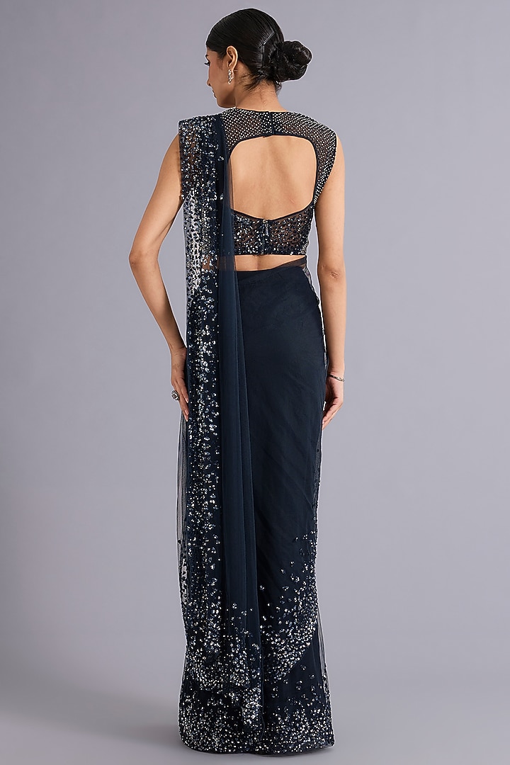 Midnight Blue Tulle Sequins Embellished Draped Bridal Gown Saree Set by Rohit Gandhi & Rahul Khanna at Pernia's Pop Up Shop