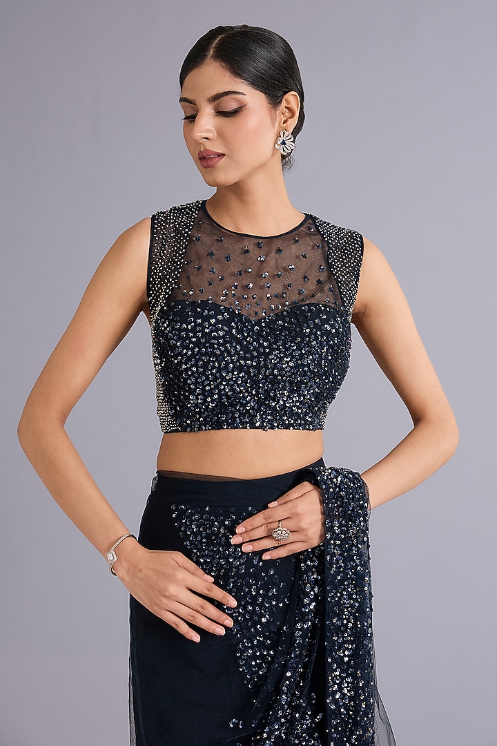 Midnight Blue Tulle Sequins Embellished Draped Bridal Gown Saree Set by Rohit Gandhi & Rahul Khanna at Pernia's Pop Up Shop