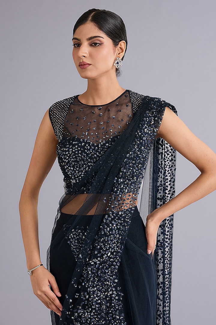 Midnight Blue Tulle Sequins Embellished Draped Bridal Gown Saree Set by Rohit Gandhi & Rahul Khanna at Pernia's Pop Up Shop