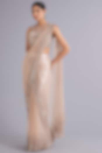Blush Nude Tulle Sequins Embroidered Draped Bridal Gown Saree Set by Rohit Gandhi & Rahul Khanna at Pernia's Pop Up Shop