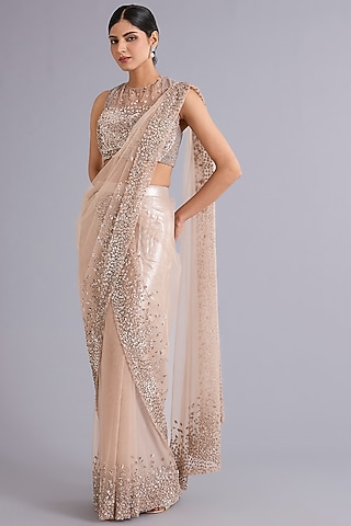 Blush Nude Tulle Sequins Embroidered Draped Gown Saree Set by Rohit Gandhi & Rahul Khanna
