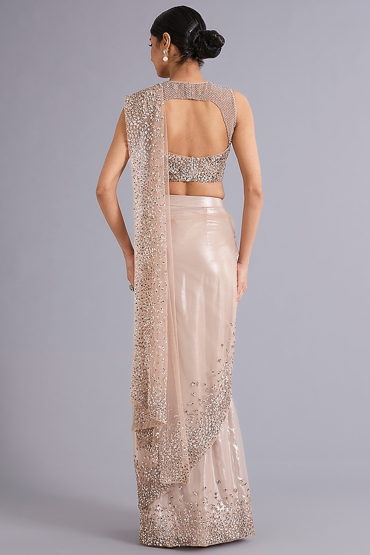 Blush Nude Tulle Sequins Embroidered Draped Bridal Gown Saree Set by Rohit Gandhi & Rahul Khanna at Pernia's Pop Up Shop