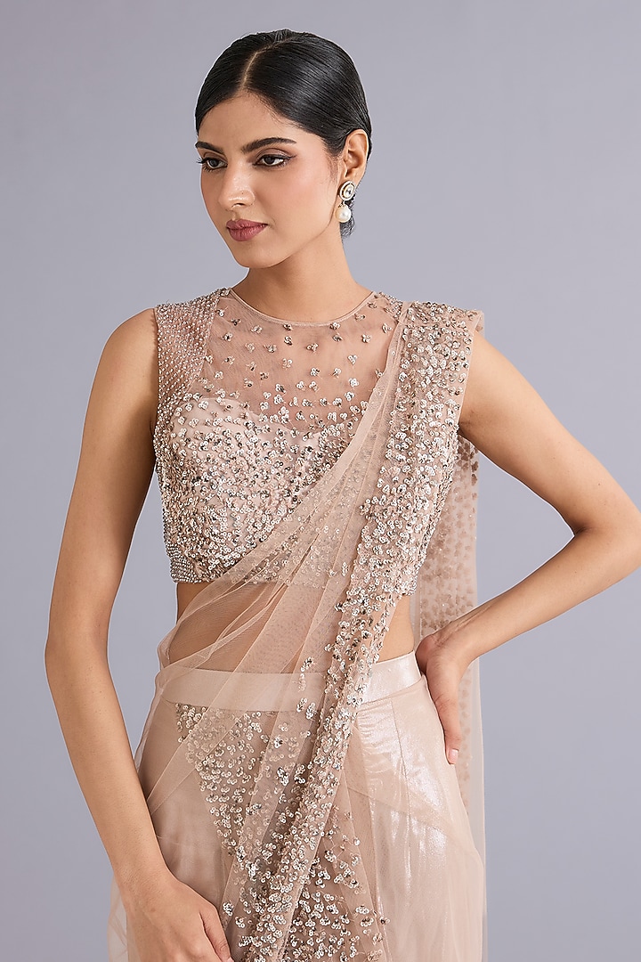 Blush Nude Tulle Sequins Embroidered Draped Bridal Gown Saree Set by Rohit Gandhi & Rahul Khanna at Pernia's Pop Up Shop