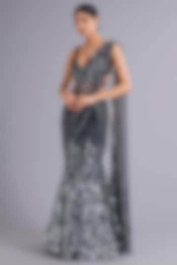 Steel Grey Tulle Sequins Embellished Mermaid Bridal Gown Saree Set by Rohit Gandhi & Rahul Khanna at Pernia's Pop Up Shop