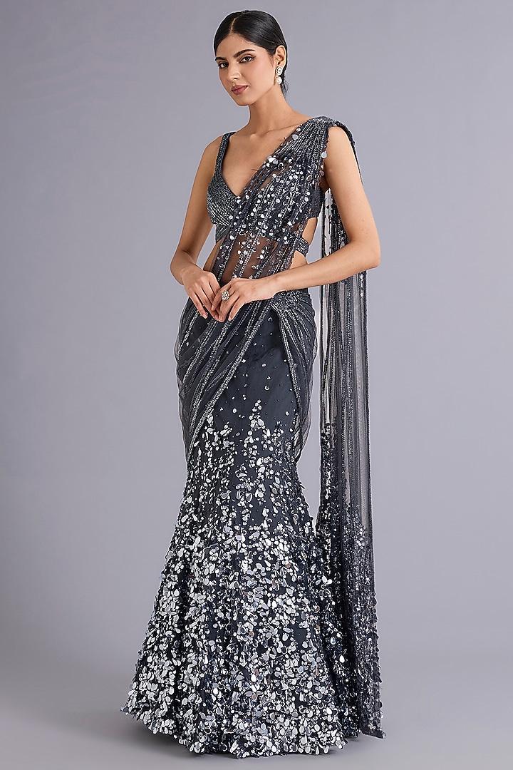 Steel Grey Tulle Sequins Embellished Mermaid Bridal Gown Saree Set by Rohit Gandhi & Rahul Khanna at Pernia's Pop Up Shop