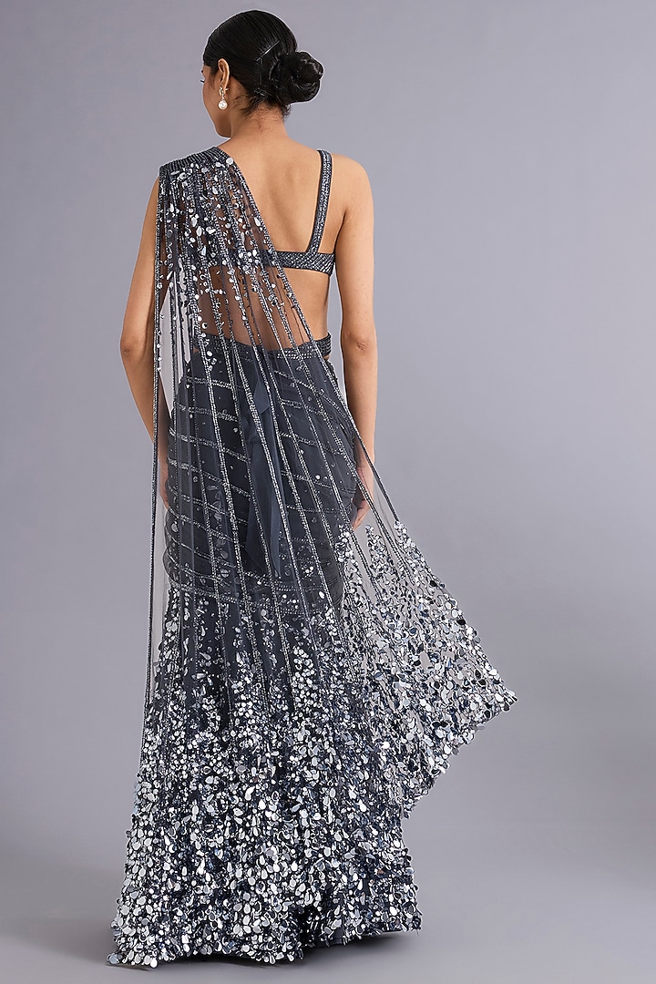 Steel Grey Tulle Sequins Embellished Mermaid Bridal Gown Saree Set by Rohit Gandhi & Rahul Khanna at Pernia's Pop Up Shop