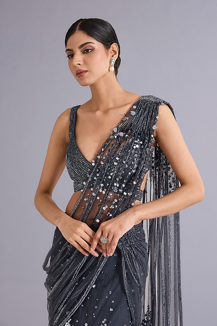 Steel Grey Tulle Sequins Embellished Mermaid Bridal Gown Saree Set by Rohit Gandhi & Rahul Khanna at Pernia's Pop Up Shop