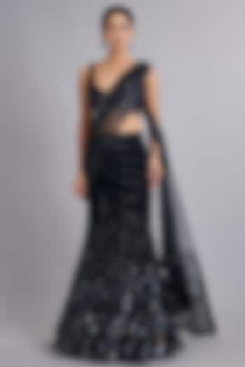 Navy Blue Viscose Crepe Sequins Embellished Draped Bridal Saree Set by Rohit Gandhi & Rahul Khanna at Pernia's Pop Up Shop