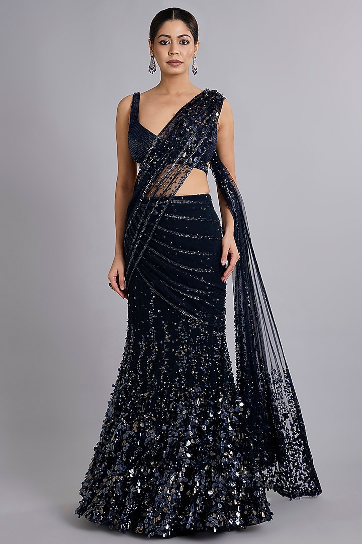Navy Blue Viscose Crepe Sequins Embellished Draped Bridal Saree Set by Rohit Gandhi & Rahul Khanna at Pernia's Pop Up Shop