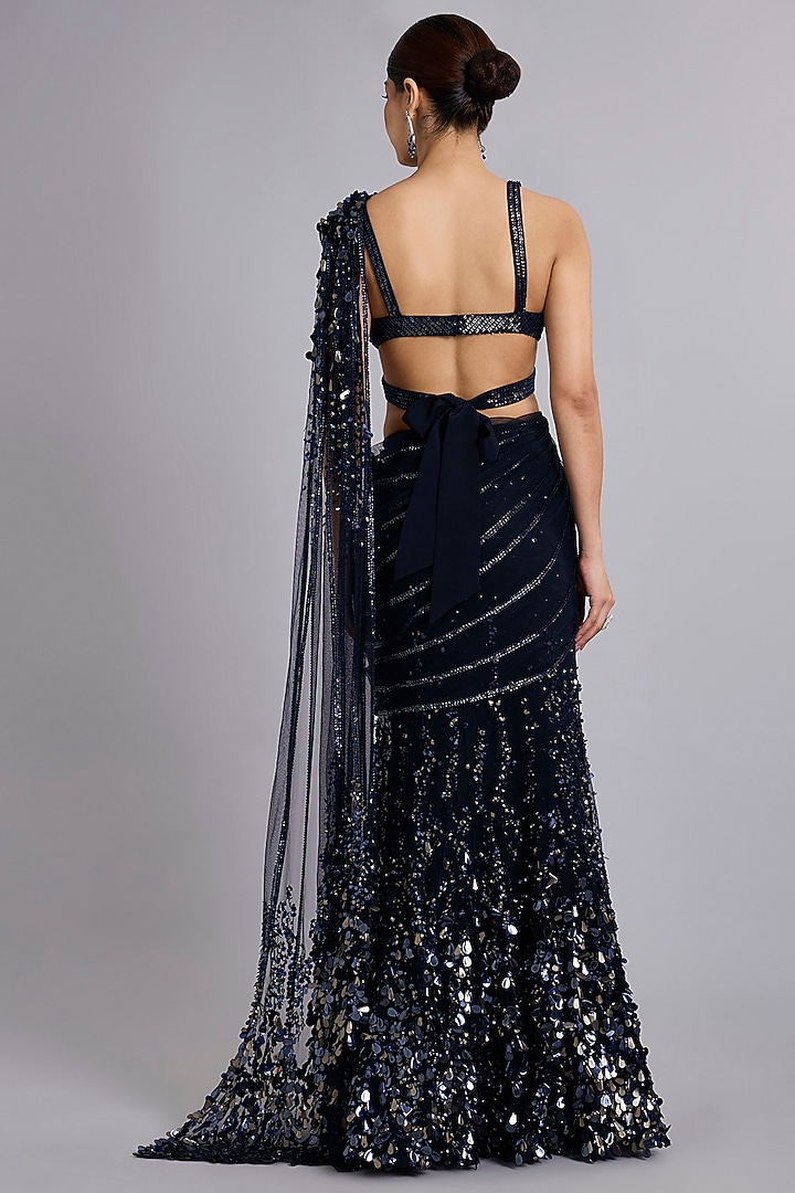 Navy Blue Viscose Crepe Sequins Embellished Draped Bridal Saree Set by Rohit Gandhi & Rahul Khanna at Pernia's Pop Up Shop