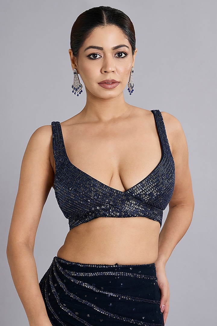 Navy Blue Viscose Crepe Sequins Embellished Draped Bridal Saree Set by Rohit Gandhi & Rahul Khanna at Pernia's Pop Up Shop