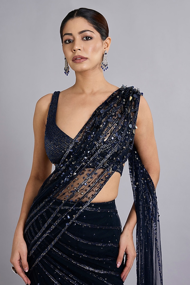 Navy Blue Viscose Crepe Sequins Embellished Draped Bridal Saree Set by Rohit Gandhi & Rahul Khanna at Pernia's Pop Up Shop