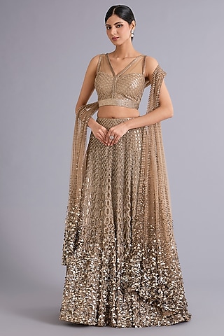 Antique Gold Tulle Sequins Embellished Lehenga Set by Rohit Gandhi & Rahul Khanna