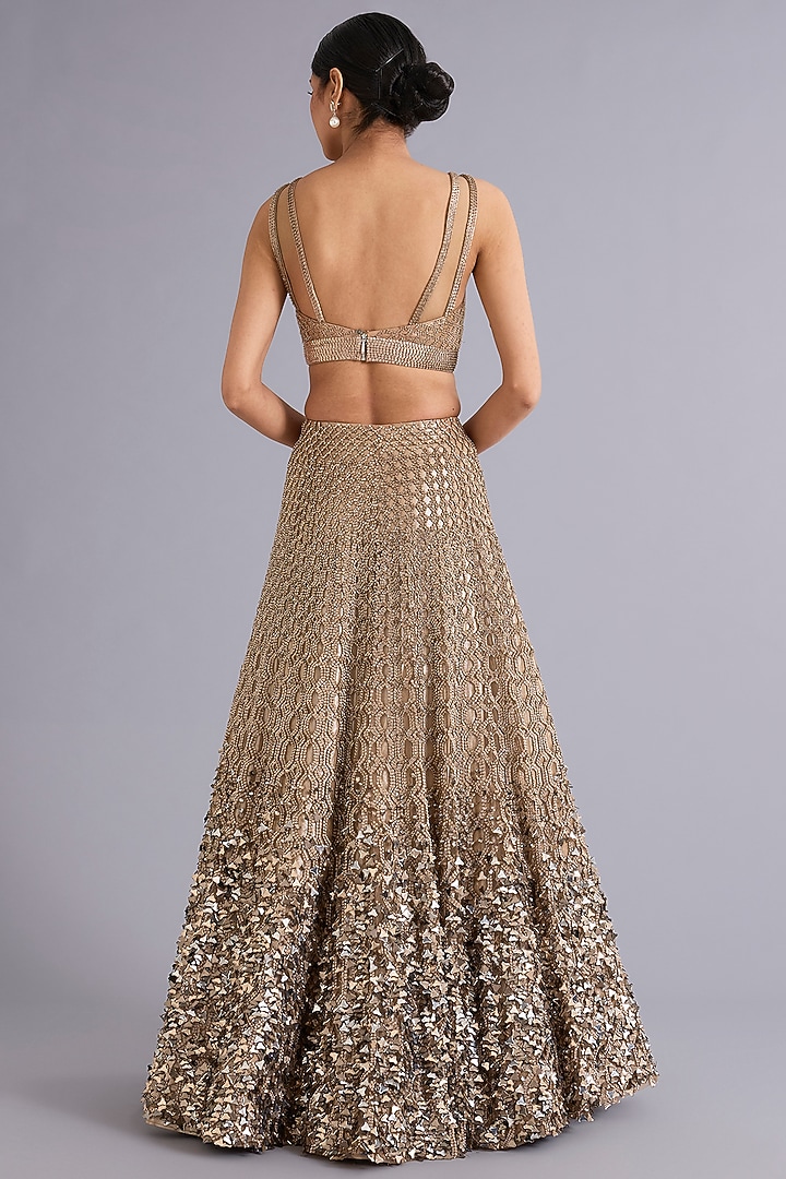 Antique Gold Tulle Sequins Embellished Bridal Lehenga Set by Rohit Gandhi & Rahul Khanna at Pernia's Pop Up Shop