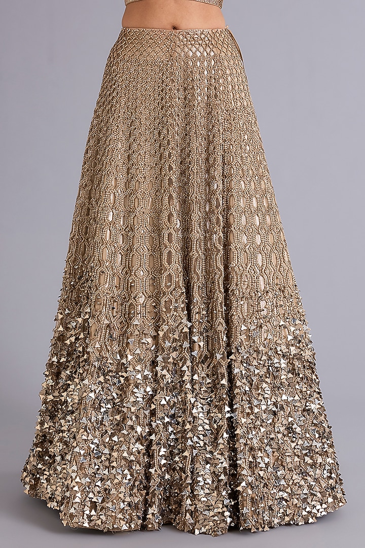 Antique Gold Tulle Sequins Embellished Bridal Lehenga Set by Rohit Gandhi & Rahul Khanna at Pernia's Pop Up Shop