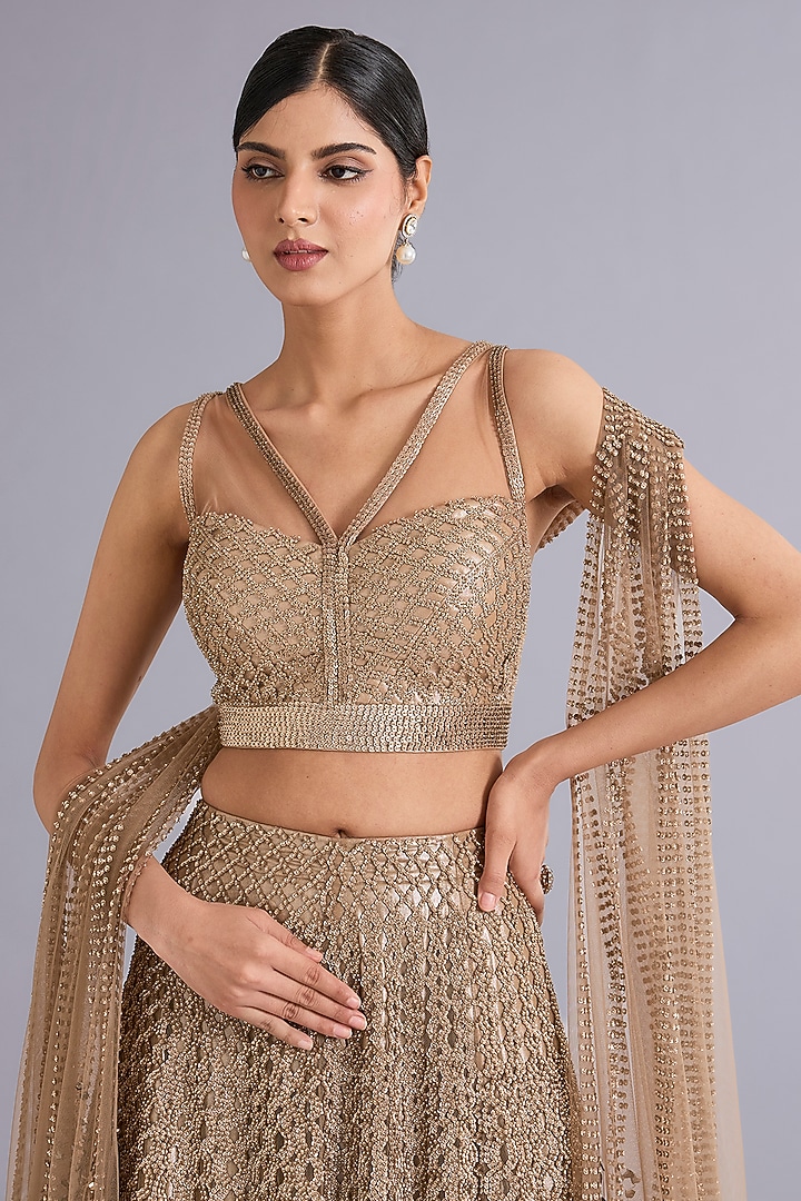 Antique Gold Tulle Sequins Embellished Bridal Lehenga Set by Rohit Gandhi & Rahul Khanna at Pernia's Pop Up Shop
