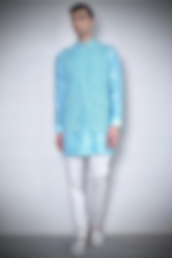 Aqua Blue Printed Overlap Waistcoat by Rohit Gandhi & Rahul Khanna Men